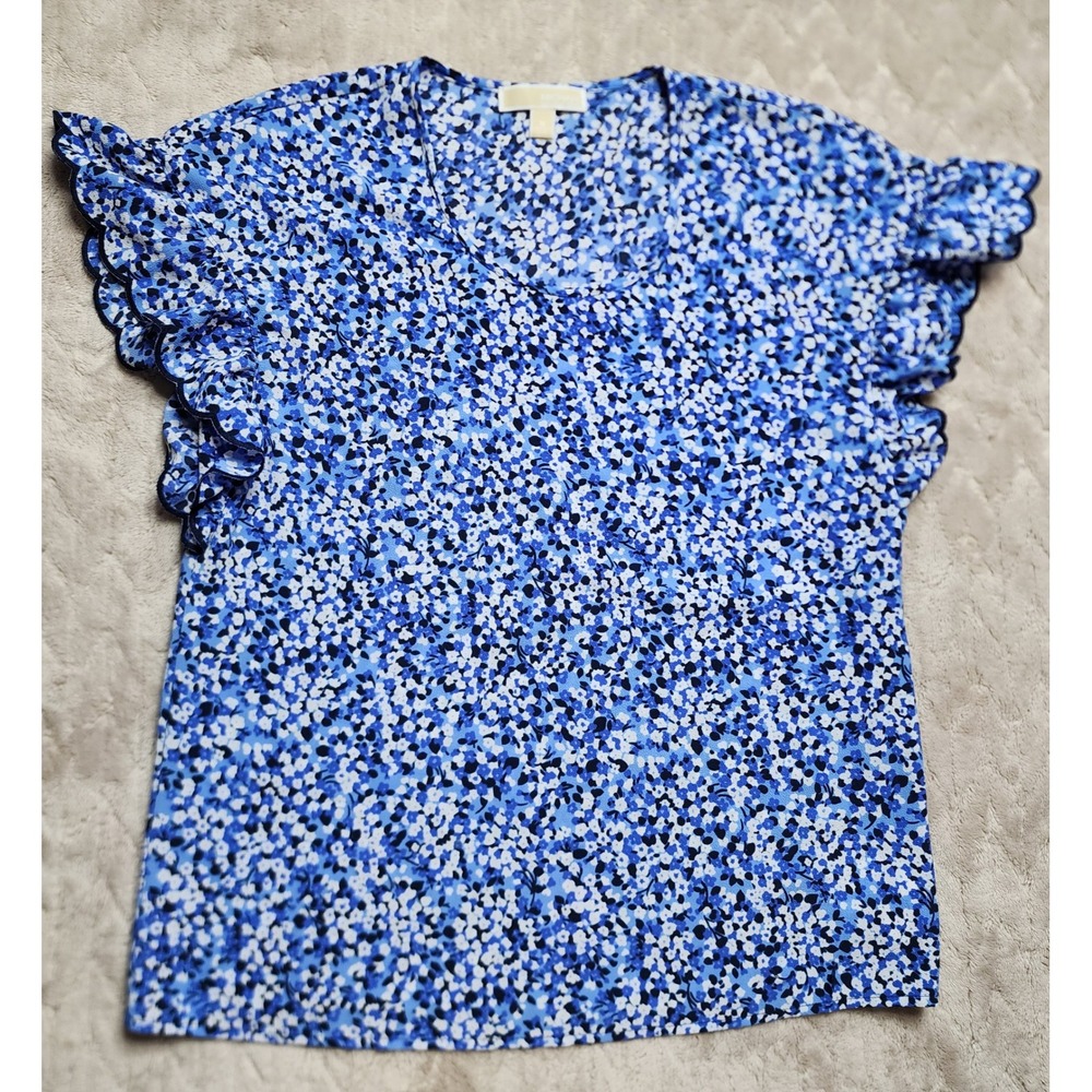 Michael Michael Kors Blue Floral Ruffle Sleeve Scallop Trim Blouse Medium